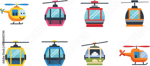 Cable Car and Helicopter Cartoon Transport Set with Colorful Aerial Vehicles for Travel Tourism and Kids Design Projects