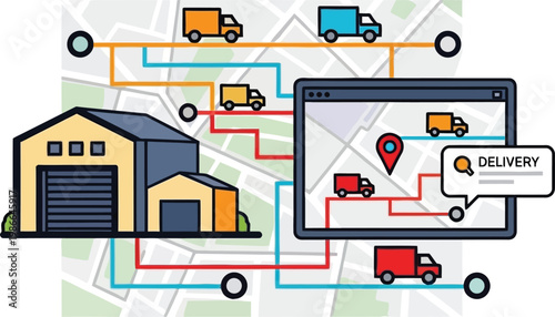 Logistics Network: Warehouse, Trucks, and Delivery Map Tracking