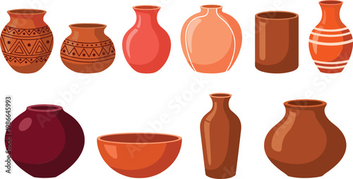 Clay Pottery Collection with Ceramic Vases Bowls and Traditional Earthenware Containers for Home Decor Design Projects