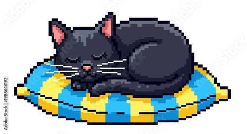 Pixel Art Black Cat Sleeping Peacefully on Cushion.