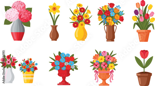 Colorful Flower Bouquet and Vase Collection with Tulips Roses and Floral Arrangements for Spring Decoration Design Projects
