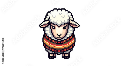 Pixel Art Sheep Wearing a Colorful Striped Sweater.