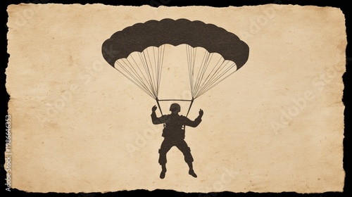 A silhouette of a military paratrooper falling from the sky with a parachute. Soldier, army paratrooper