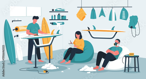 Surfboard shaping workshop with people working.