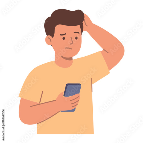 A cartoon man looks concerned while holding a phone and touching his head in a puzzled expression.