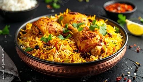 A copper dish of flavorful chicken biryani with herbs