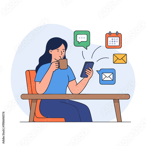 Woman sits at desk using phone with notifications floating by