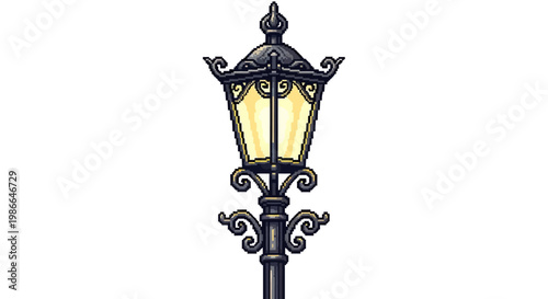 Vintage ornate black street lamp with glowing light.