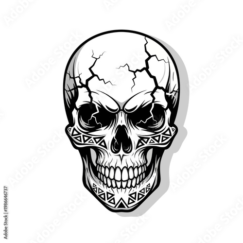 Cracked Human Skull with Tribal Markings