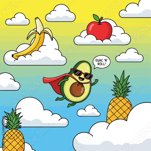 A cartoon avocado superhero flies among clouds and fruit