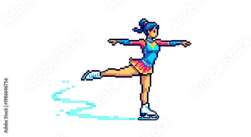 Pixel Art Figure Skater Performing on Ice.