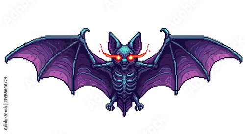 Pixel Art Skeleton Bat With Glowing Red Eyes.