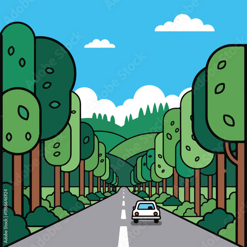 A car drives down a tree-lined road under a blue sky