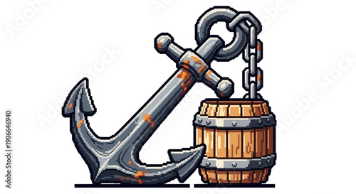 Vintage Anchor and Barrel Nautical Illustration.