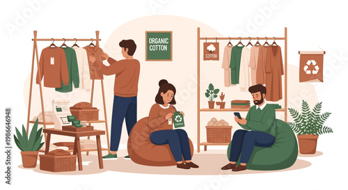 Sustainable fashion store with people shopping for eco-friendly clothes.