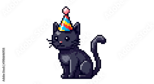 Pixel Art Black Cat Wearing Party Hat.