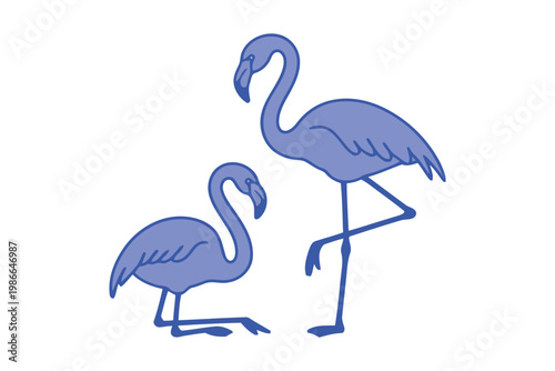 Two blue flamingos standing and sitting on checkered background.