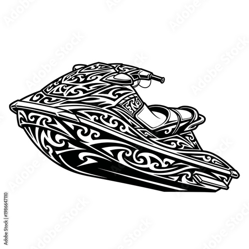 Jet Ski with Tribal Tattoo Design, Black and White Vector Illustration