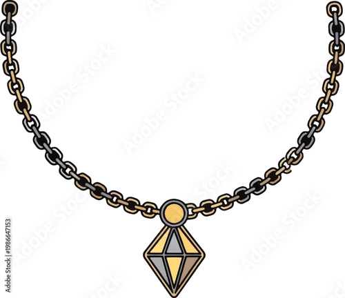 Golden chain necklace, geometric pendant, yellow and black jewelry, fashion accessory, luxury icon