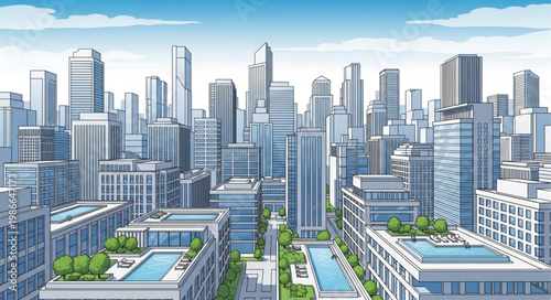 Modern Cityscape with Tall Buildings and Blue Sky.