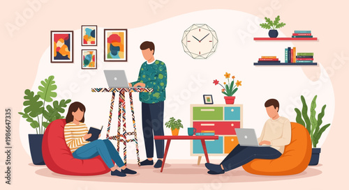 Three people working and studying in a relaxed coworking space.