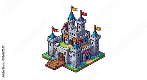 Pixel Art Medieval Castle Fortress Isometric View.