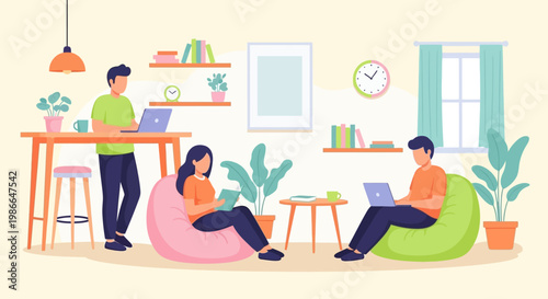 Three people working on laptops in a cozy home office setting.