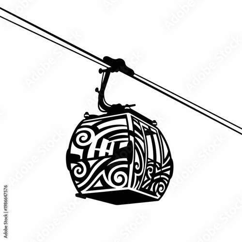 Stylized Cable Car Gondola Silhouette with Swirl Ornaments on Wire