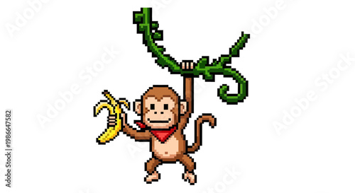 Pixel Art Monkey Swinging with Banana.