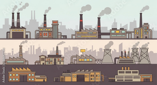 Industrial factories with smoke stacks emitting pollution into the air.