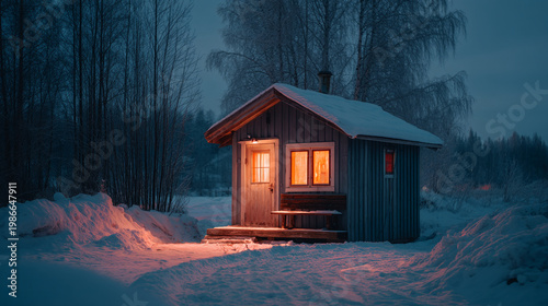 A charming snowy cabin emits warm light.