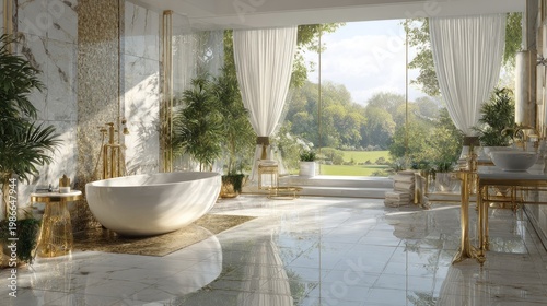 Elegant bathroom interior with marble floor and large windows daylight