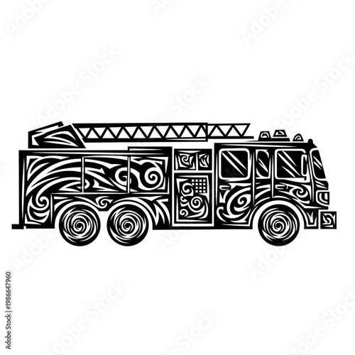 Tribal Fire Truck Illustration - Emergency Vehicle with Ornate Design