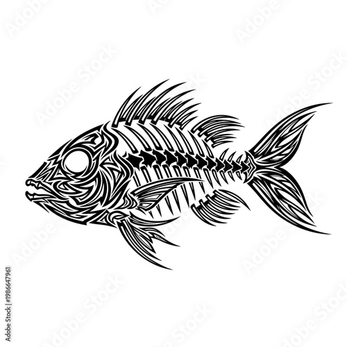 Tribal Fish Skeleton Tattoo Design, Black and White Vector Art