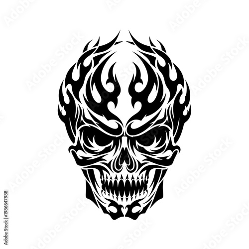 Tribal Flame Skull Tattoo Design - Black and White