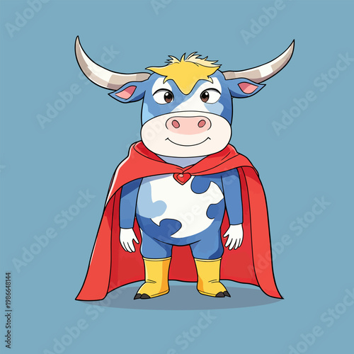 Super cow hero stands, heroic cartoon with bright bold tones