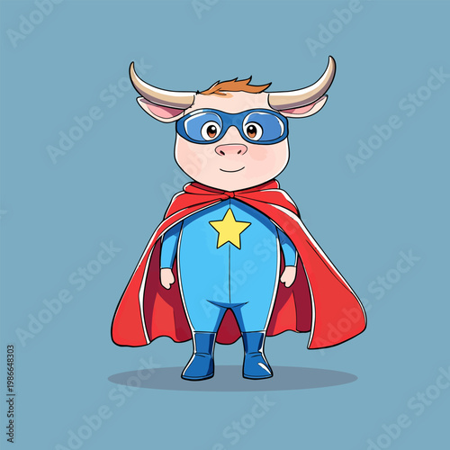 Super cow hero stands, heroic cartoon with bright bold tones