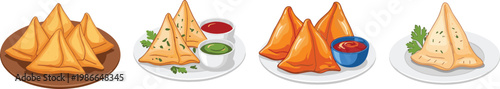 Indian Samosa Snack Collection with Crispy Fried Pastry and Chutney Dips for Food Menu Design Projects