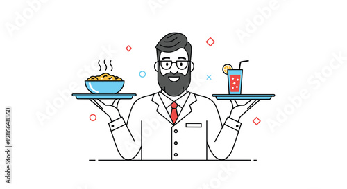 Smiling bearded waiter in a white uniform and red tie holds two trays, one with a bowl of hot food and the other with a cold drink.