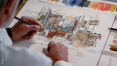 Close‑up of hands on a layered interior design sketch where the floor plan and colored render are layered on the same sheet, 4K ultra‑realistic