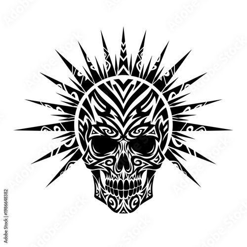 Tribal Skull Tattoo Design with Sunburst - Black and White Graphic