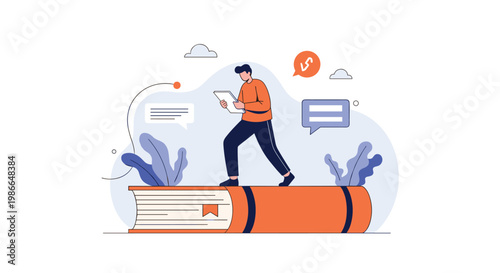 Knowledgeable man in an orange shirt walks across the top of a giant book while using a digital tablet to search for information.