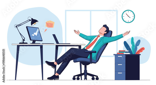 Businessman celebrating success by leaning back in his chair with open arms in a comfortable and modern office environment.