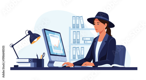 Elegant woman wearing a stylish hat while working diligently on business reports at her computer in a modern office.