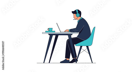 Customer support agent working remotely from a small table using a laptop and headset to communicate with clients online.