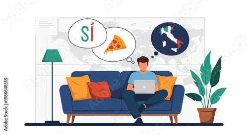 Man relaxing on a couch using a laptop while dreaming about a trip to Italy, eating pizza, and learning the language.