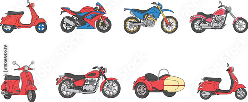 Motorcycle and Scooter Collection with Classic Sport Bikes and Retro Two Wheel Vehicles for Transport Design Projects