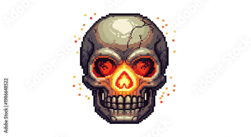 Pixel Art Skull with Fiery Glowing Eyes and Cracked Texture.