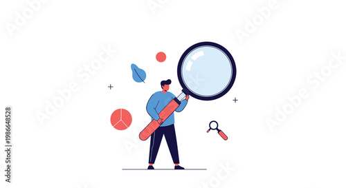 Professional investigator or analyst using a huge magnifying glass to search for details and find business solutions.