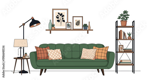 Cozy and stylish living room interior with a dark green sofa, pillows, bookshelves, and decorative wall art for home inspiration.